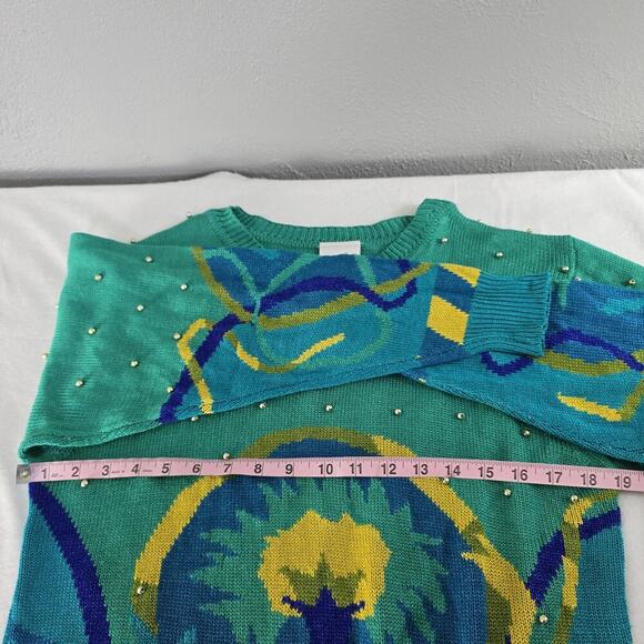 Mondi Teal Blue Flower VTG Pullover Rayon Silk Blend Embellished Sweater Size 40 - Picture 3 of 6